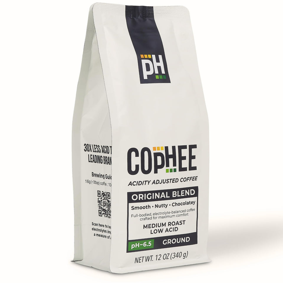 COpHEE Low Acid Coffee bag showing a pH-balanced blend for sensitive stomachs.