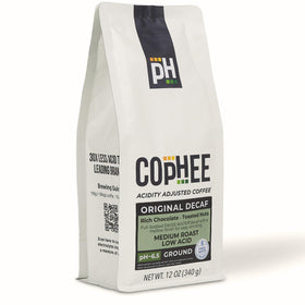 CopHEE low acid decaf ground coffee bag offering smooth flavor for sensitive stomachs.