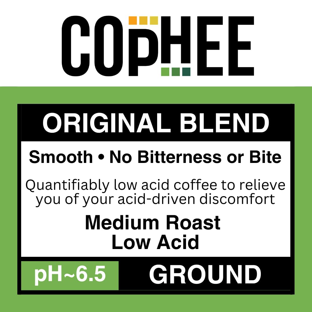 COpHEE Low Acid Coffee ground close-up emphasizing smooth, digestion-friendly brew.