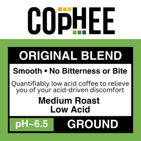 COpHEE Low Acid Coffee ground close-up emphasizing smooth, digestion-friendly brew.