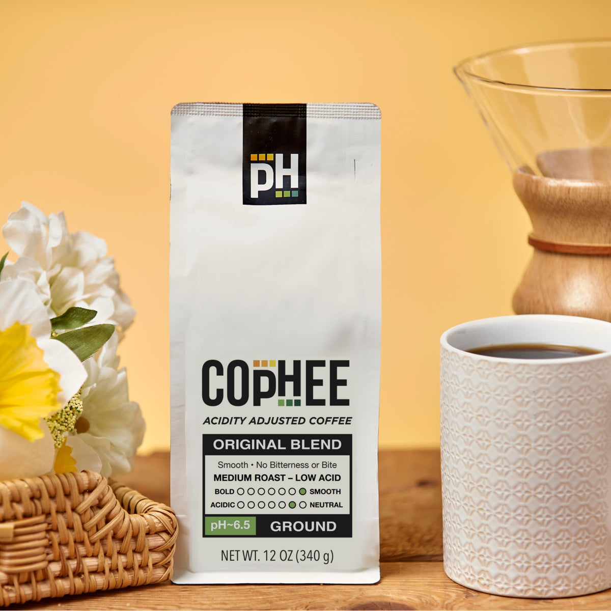 COpHEE pH-balanced coffee bag graphic reinforces low-acid benefits.