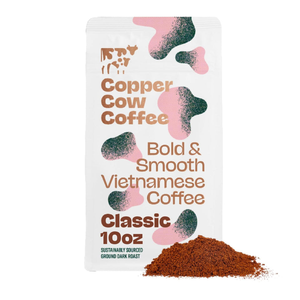 Copper Cow Classic Black Ground Coffee in 10 oz bag for bold Vietnamese roast