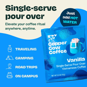 Copper Cow Coffee dark roast steaming cup shows rich chocolate and nutty notes.