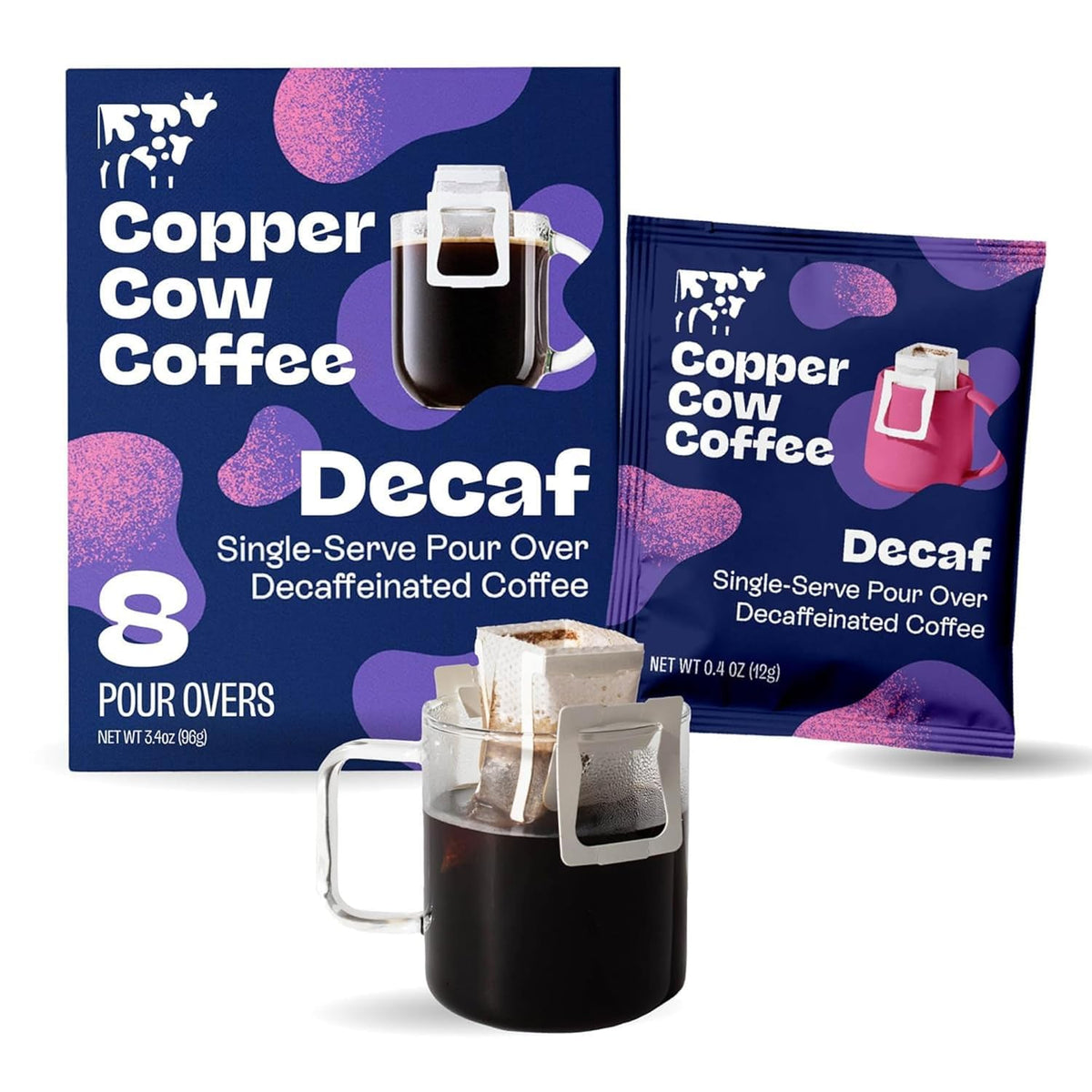 Copper Cow Coffee decaf pour over 8 pack sachets for quick brewing