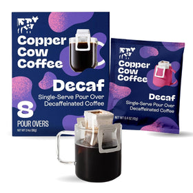 Copper Cow Coffee decaf pour over 8 pack sachets for quick brewing
