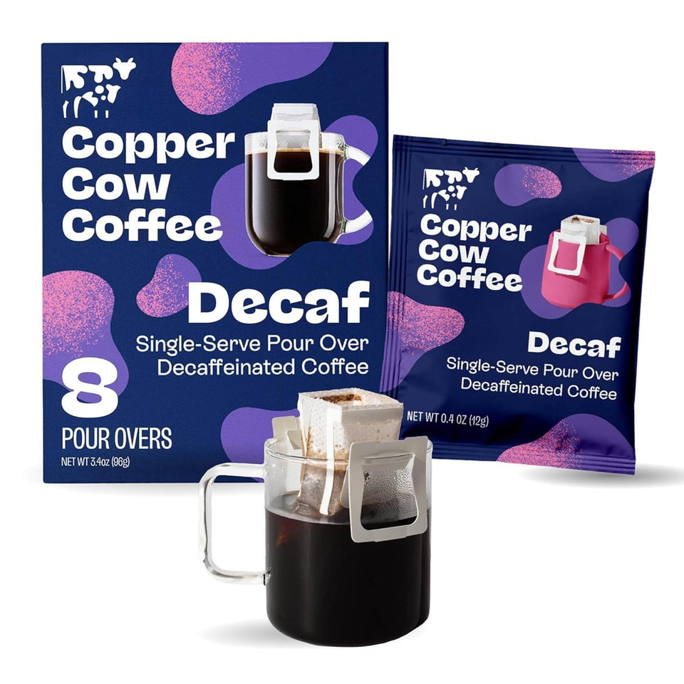 Copper Cow Coffee decaf pour over 8 pack sachets for quick brewing