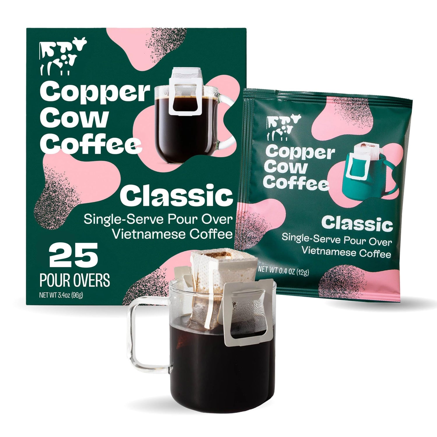 Copper Cow Coffee premium pour-over 25-pack Classic Black enables quick flavorful coffee anywhere.