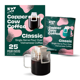 Copper Cow Coffee premium pour-over 25-pack Classic Black enables quick flavorful coffee anywhere.