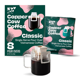 Copper Cow Coffee 8-pack pour-over pouches for easy travel brewing