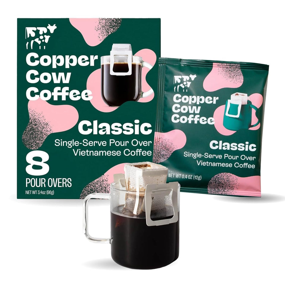 Copper Cow Coffee 8-pack pour-over pouches for easy travel brewing