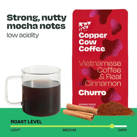 Copper Cow Coffee 100% Vietnamese origin robusta beans for rich chocolate notes.