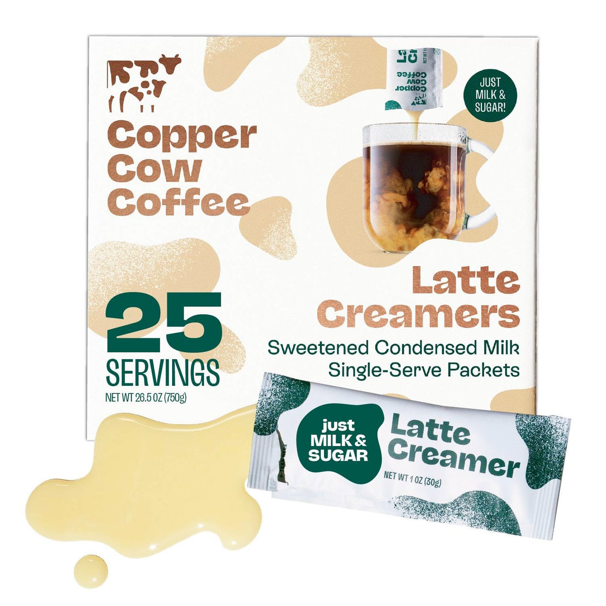 Copper Cow Coffee single-serve creamer packets for quick, cafe-style lattes.
