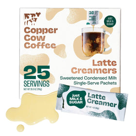 Copper Cow Coffee single-serve creamer packets for quick, cafe-style lattes.