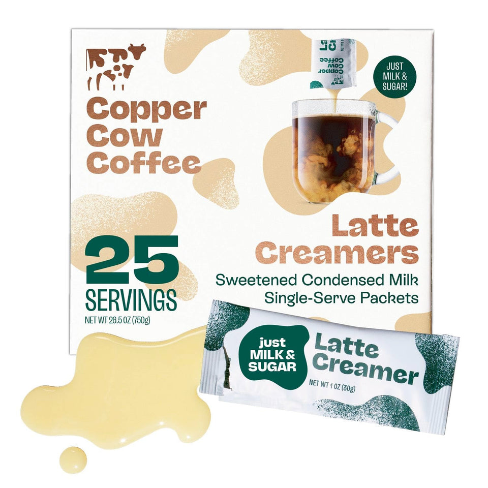Copper Cow Coffee single-serve creamer packets for quick, cafe-style lattes.