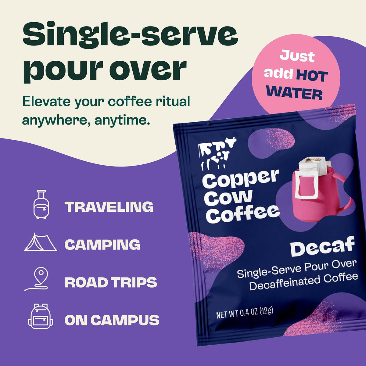 Copper Cow Coffee tear hang pour design for travel brewing