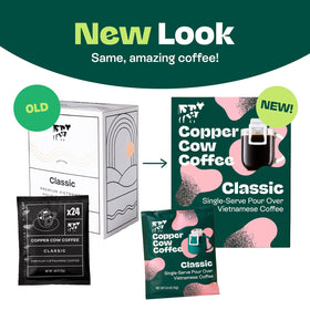 Copper Cow packaging shown for travel-friendly single-serve packets