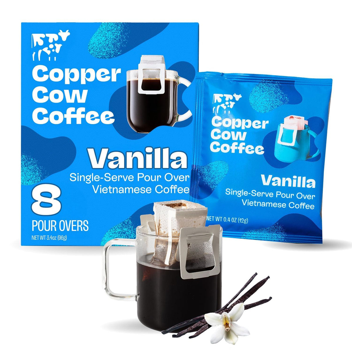Copper Cow Coffee vanilla pour-over 8-pack ready for quick at-home Vietnamese coffee.