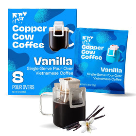 Copper Cow Coffee vanilla pour-over 8-pack ready for quick at-home Vietnamese coffee.