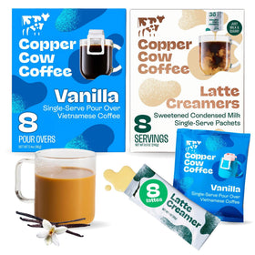 Copper Cow Coffee vanilla pour-over pouches for cafe-style flavor on the go.