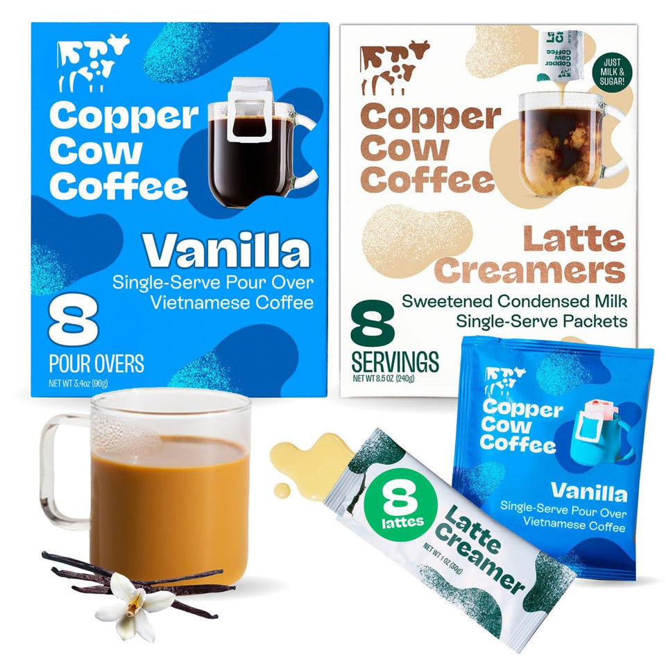 Copper Cow Coffee vanilla pour-over pouches for cafe-style flavor on the go.