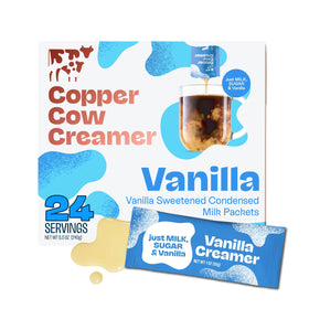 Copper Cow Coffee vanilla sweetened creamer packet for quick, rich lattes.