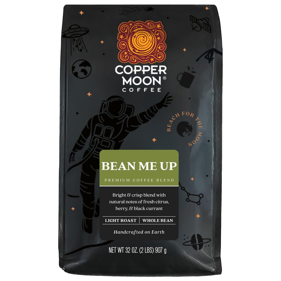 Copper Moon Bean Me Up light roast coffee bag showing balanced flavor for bright mornings