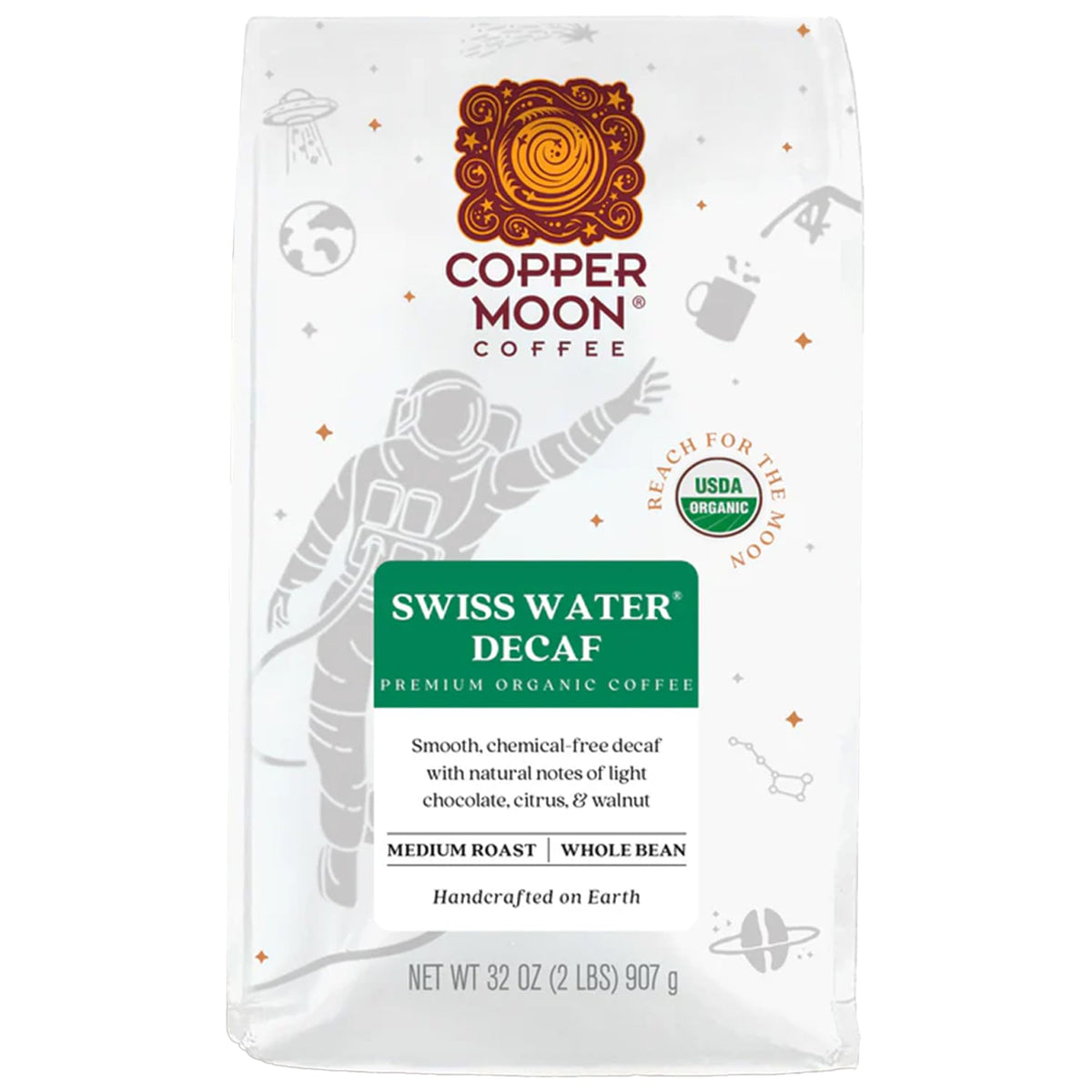 Copper Moon coffee bag front view shows Swiss Water decaf for pure flavor