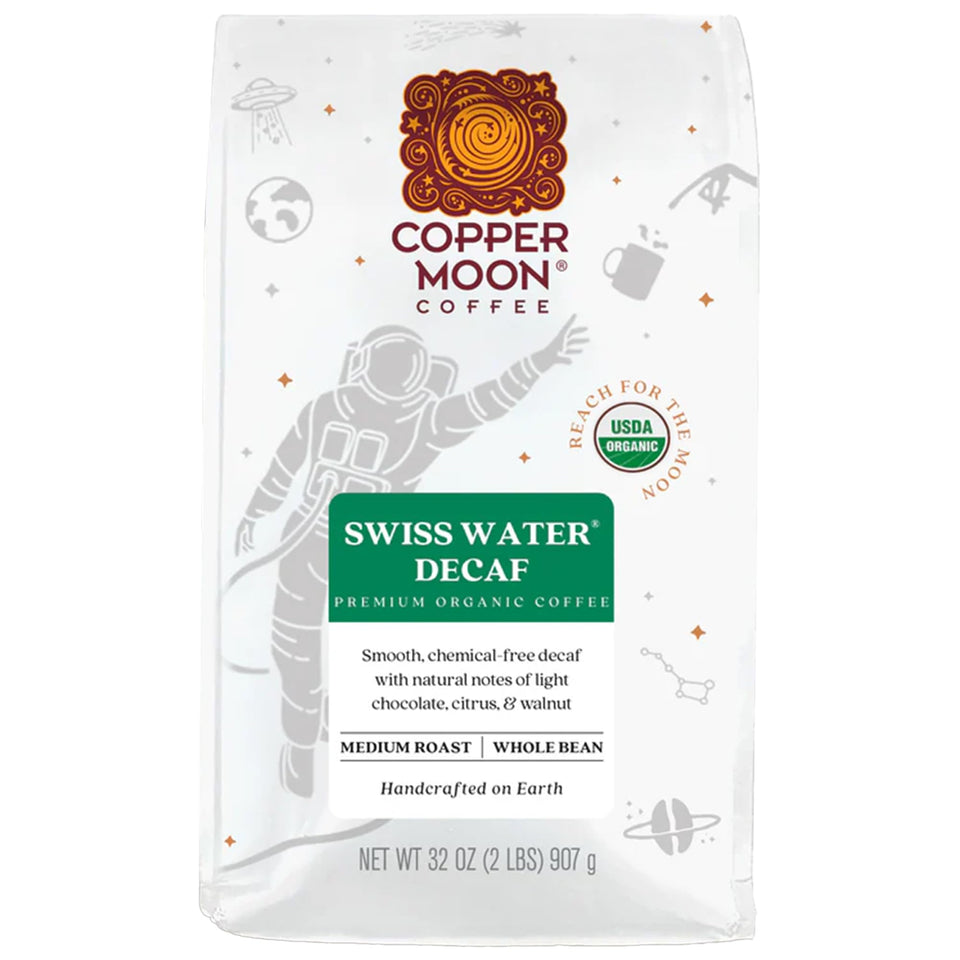 Copper Moon coffee bag front view shows Swiss Water decaf for pure flavor