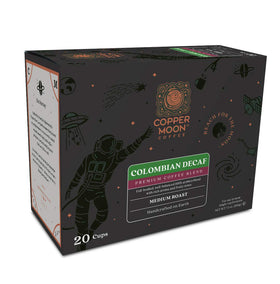 Copper Moon Colombian decaf aroma with cocoa and hazelnut notes in the kitchen.
