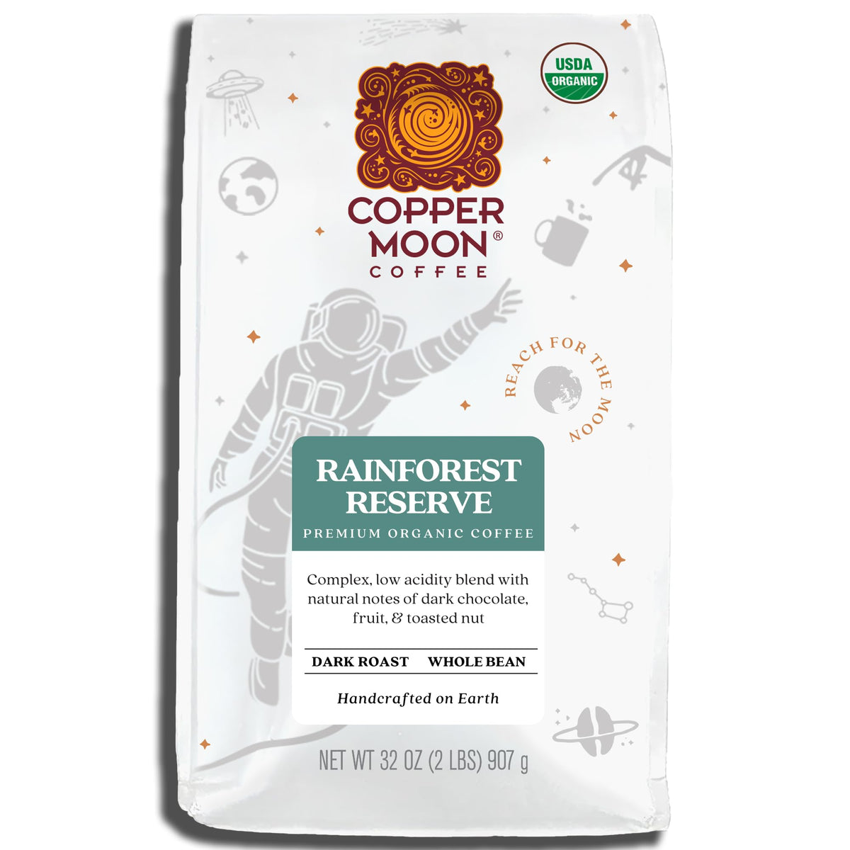 Copper Moon Dark Roast coffee beans ready for grinding and brewing