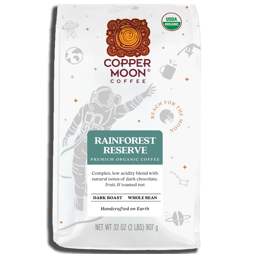 Copper Moon Dark Roast coffee beans ready for grinding and brewing