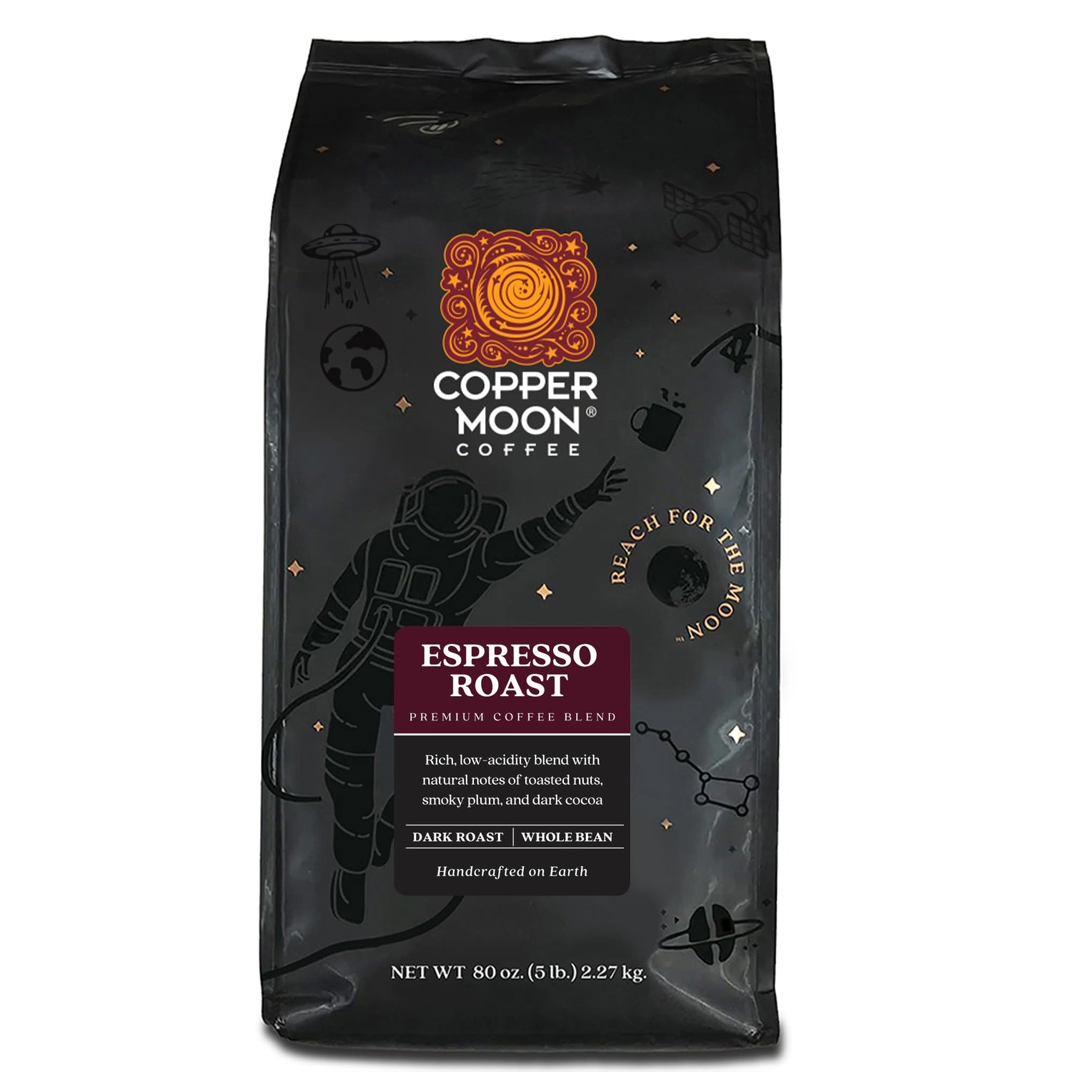 Copper Moon Dark Roast Espresso Blend bag ready for rich home espresso