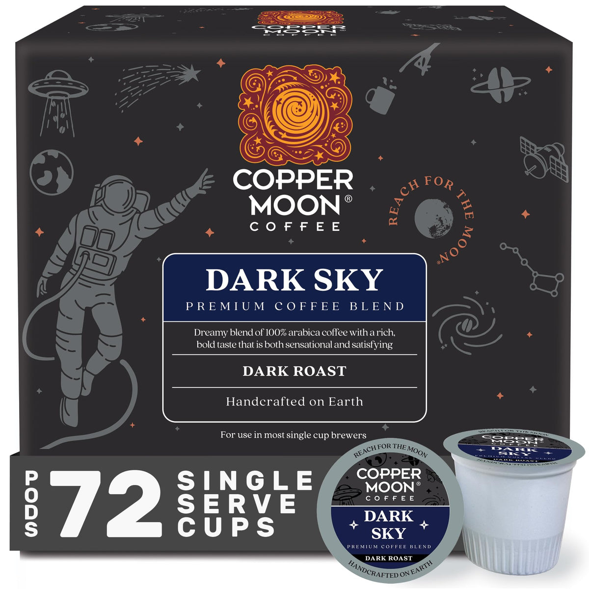 Copper Moon Dark Sky pod closeup showing rich aroma for a smooth morning pick-me-up.