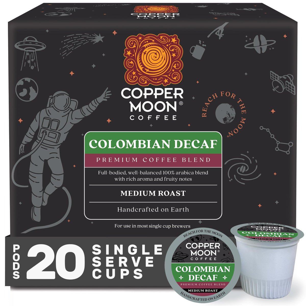 Copper Moon decaf K-Cup pods beside a mug for a smooth, convenient brew.