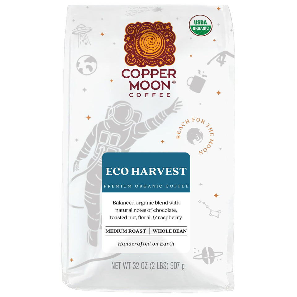 Copper Moon Eco Harvest coffee beans on display, promising organic flavor richness.