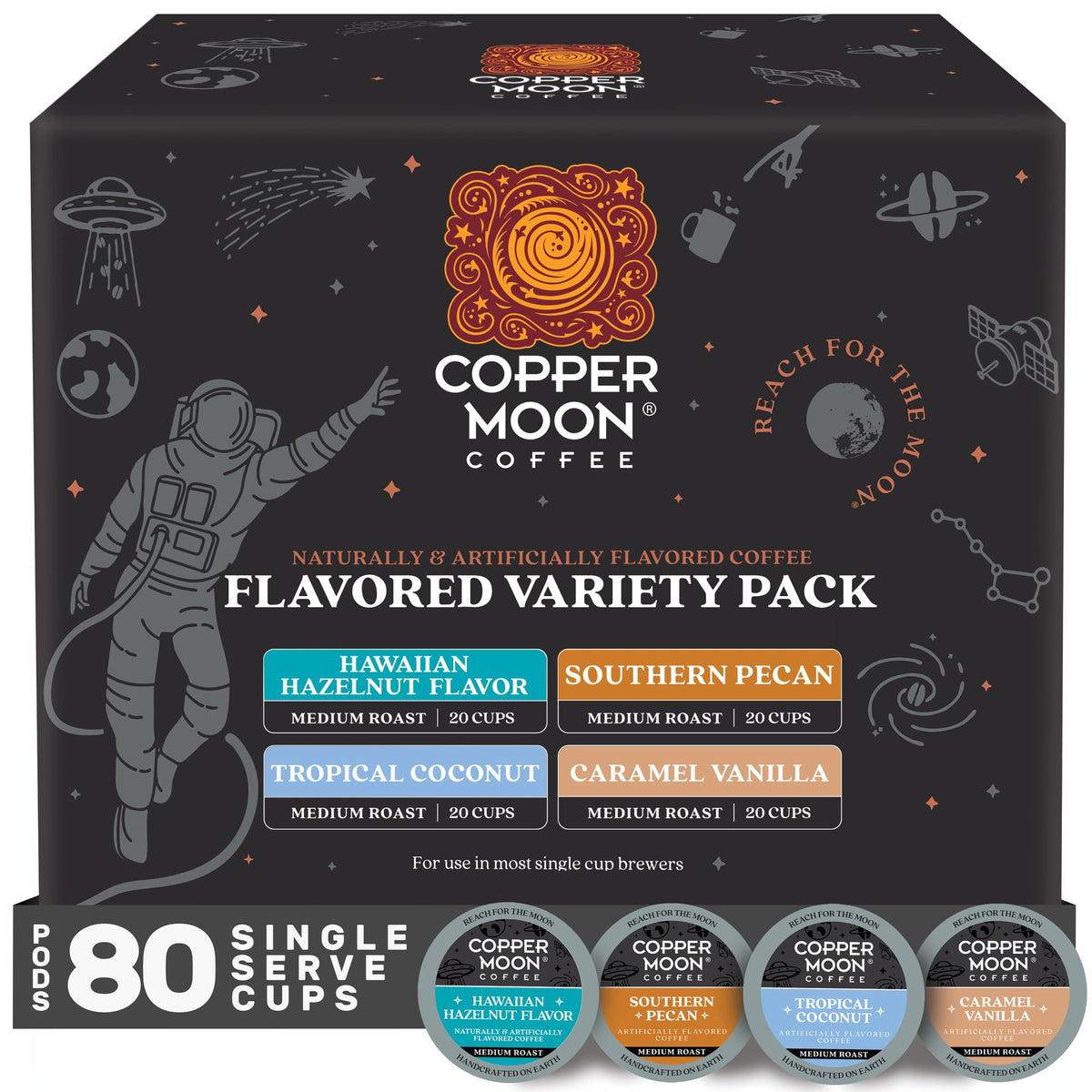 Copper Moon flavor-infused caramel vanilla coffee pods for Keurig brewing, premium aroma.