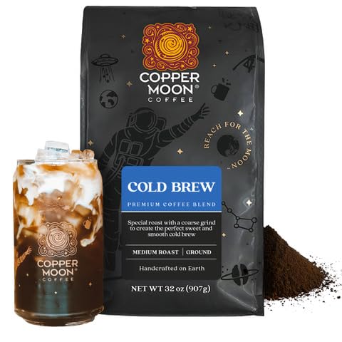 Copper Moon ground coffee in bag showing medium roast and coarse grind for cold brew