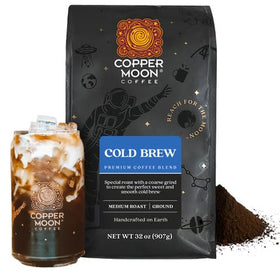 Copper Moon ground coffee in bag showing medium roast and coarse grind for cold brew