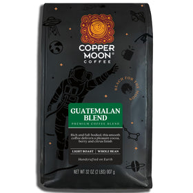 Copper Moon Guatemalan Antigua light roast bag on shelf, ideal for a smooth morning ritual.