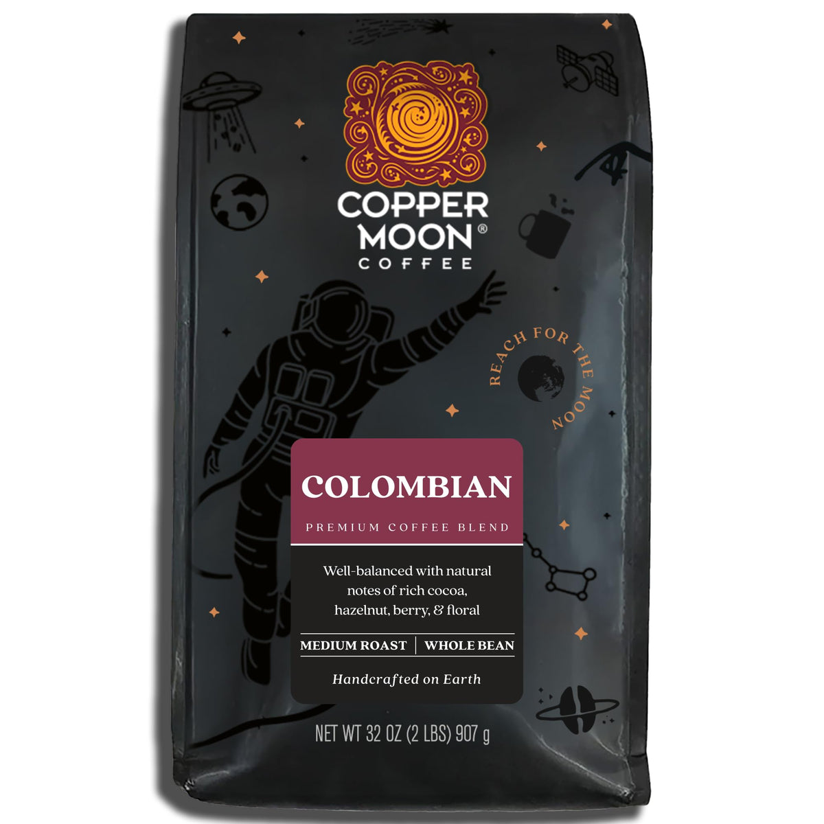 Copper Moon medium roast coffee beans ready for grinding and home brewing.