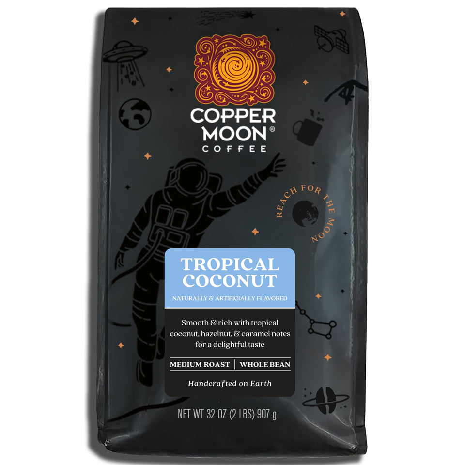 Copper Moon Tropical Coconut coffee packaging front highlighting premium flavor infusion