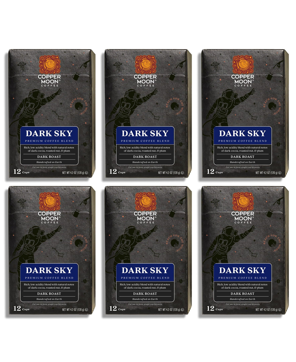 Copper Moon single-serve pod packaging highlighting premium dark roast.