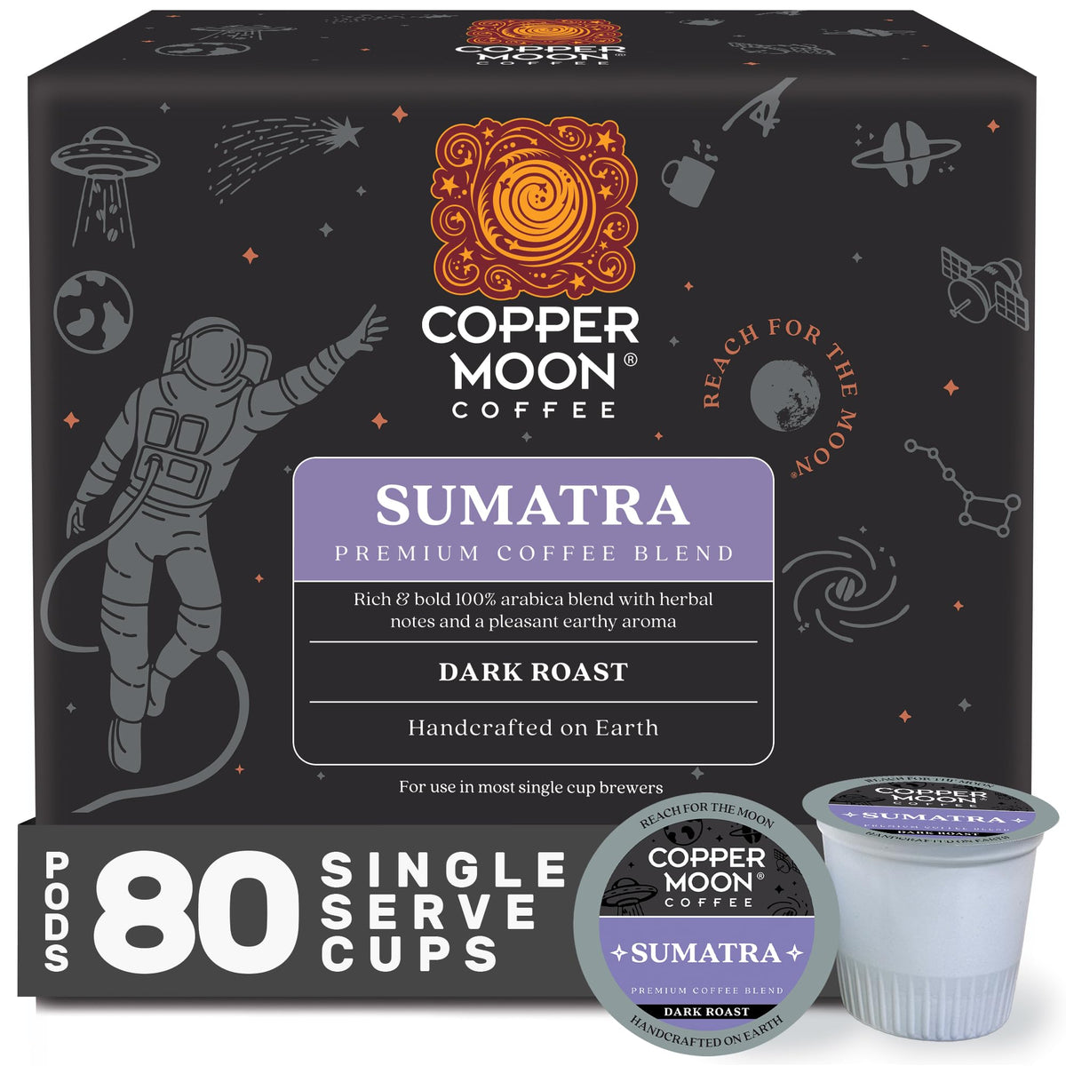 Copper Moon Sumatra dark roast K-Cup pods lined up, inviting bold flavor