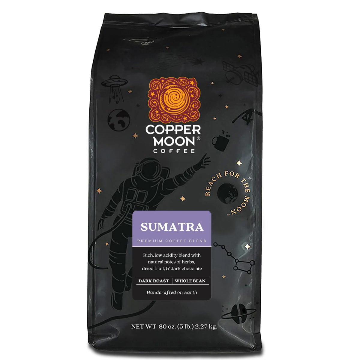 Copper Moon Sumatra Dark Roast Whole Bean 5 lb with bold aroma for fresh grinding at home.