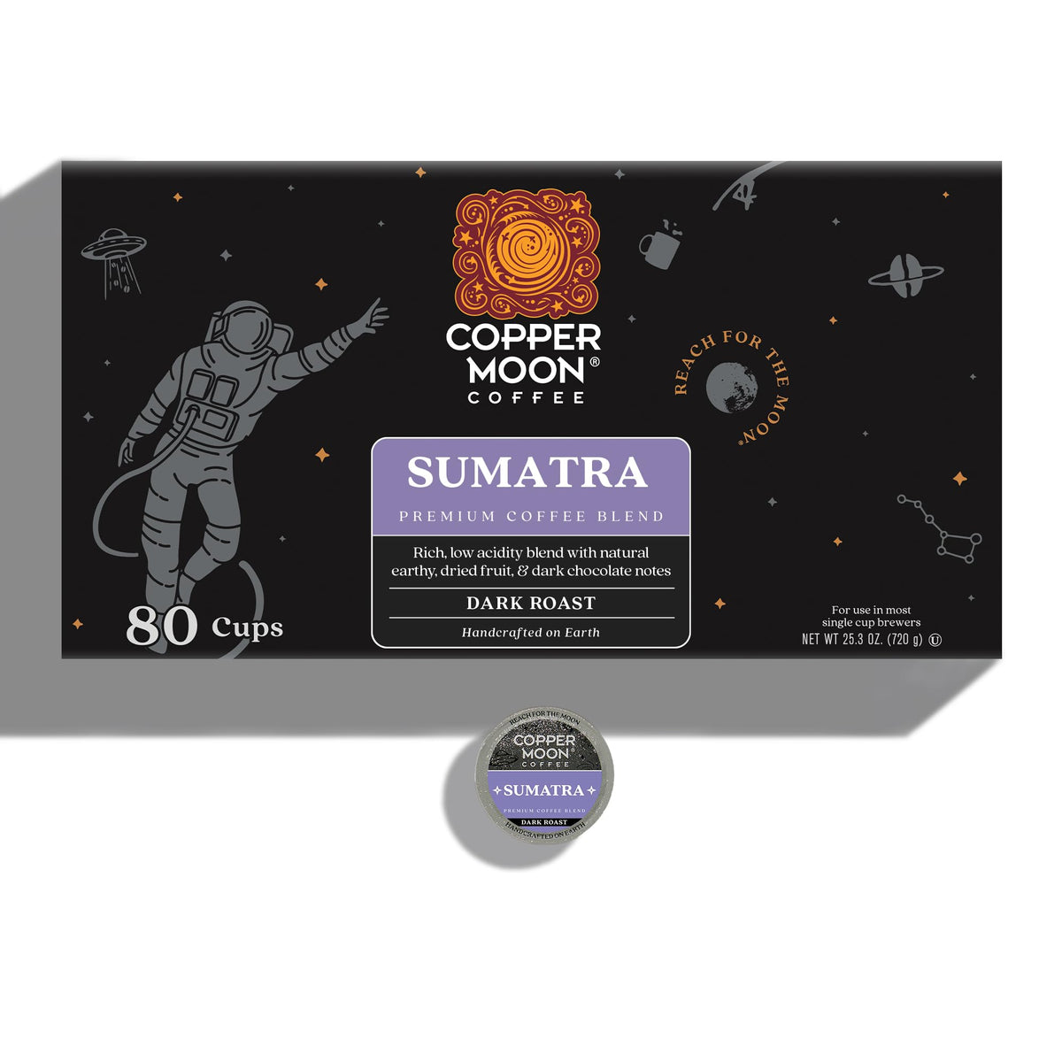 Copper Moon Sumatra packaging beside a steaming mug highlighting premium aroma