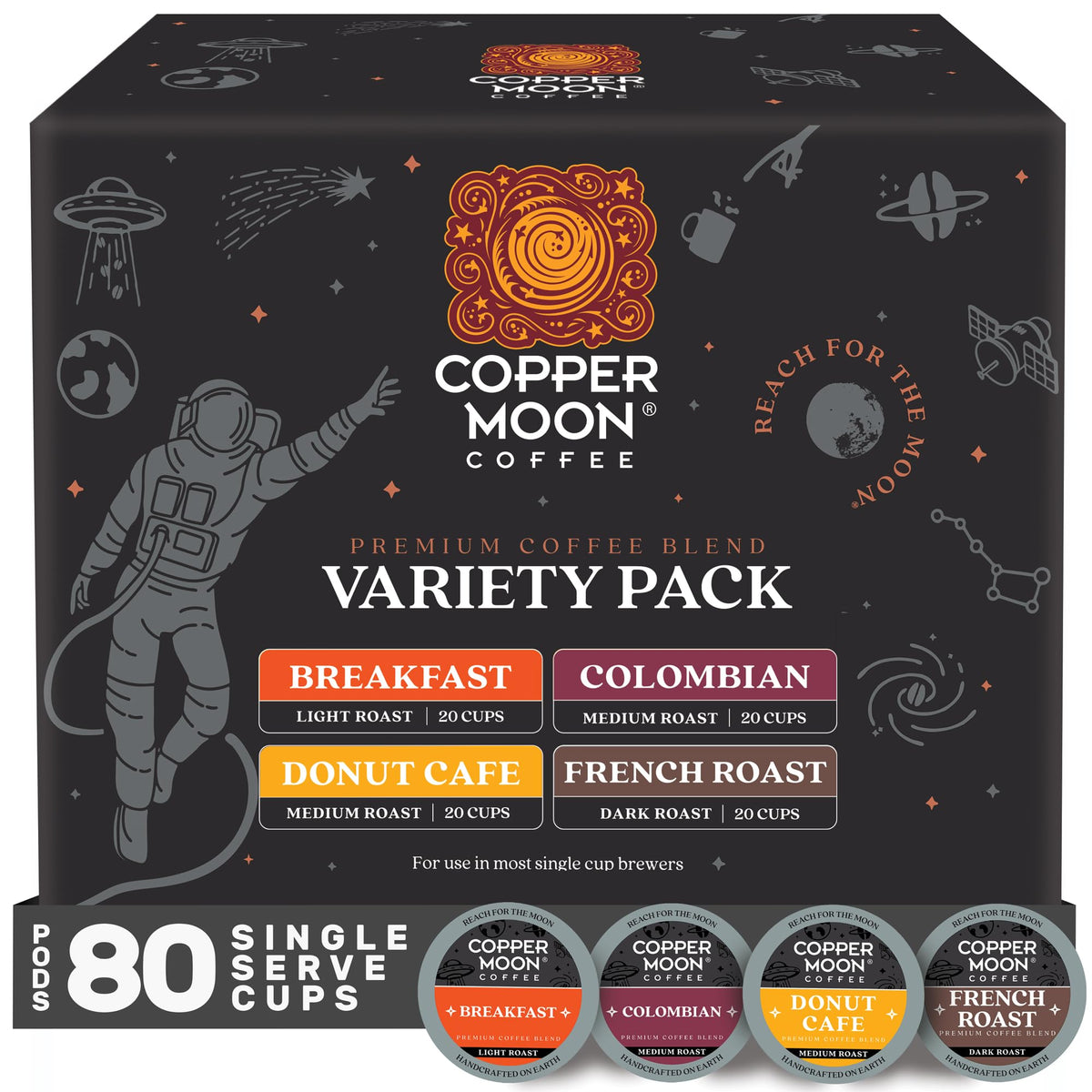 Copper Moon variety-pack 80-count box displaying four blends for versatile mornings.