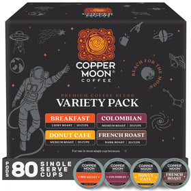 Copper Moon variety-pack 80-count box displaying four blends for versatile mornings.