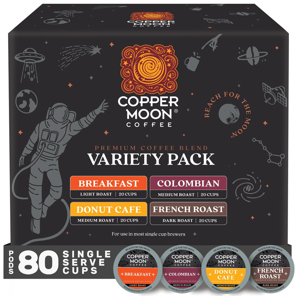 Copper Moon variety-pack 80-count box displaying four blends for versatile mornings.