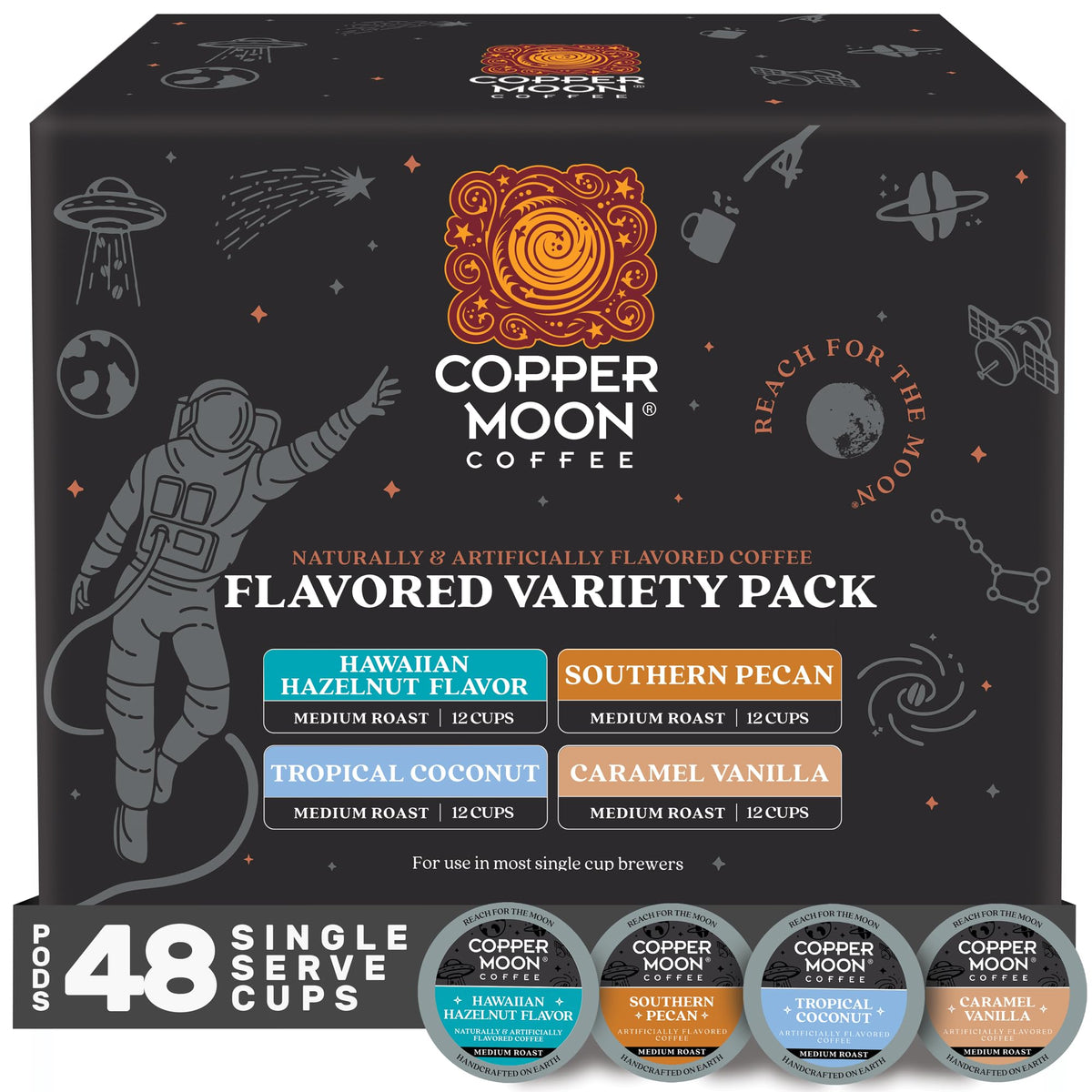 Copper Moon variety pack box with four flavored coffees for quick, enjoyable mornings.