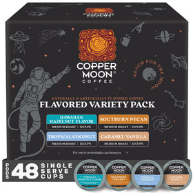 Copper Moon variety pack box with four flavored coffees for quick, enjoyable mornings.